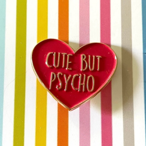 Cute but Psycho Heart Enamel Pin - Funny Red & Gold Brooch - Picture 8 of 8
